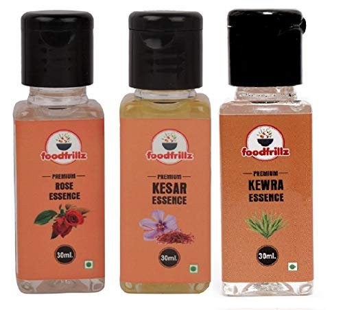- Manvik Foods foodfrillz Rose, Kewra & Kesar Food Essence Flavor for Cakes, Jams, Cookies, Ice Creams, Sweets - (Pack of 3, 30 ml Each)