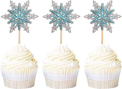 41qS92JZO7L - Manvik Foods Confetti! 24 Pack Frozen Snowflake Cupcake Toppers Double Layers Silver and Blue Winter Theme Cupcake Picks Baby Shower Kids Birthday Party Christmas Cake Decorations Supplies