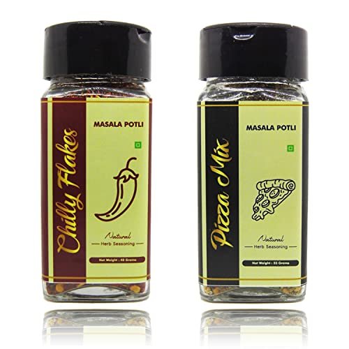41tFLyoTlWL - Manvik Foods MASALA POTLI� Dried Herbs Combo Chilly Flakes 40 Grams, Pizza Seasoning 55 Grams Italian Seasoning for Cooking, Garnishing (Chilly Flakes & Pizza Seasoning, Sprinkle Glass Packing)