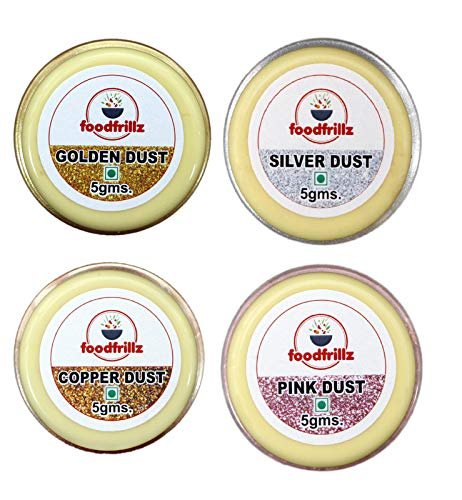 51 QJX12WmL - Manvik Foods foodfrillz Lustre Dust for Cake decoration- Golden, Silver, Copper & Pink, 5 gm each (Pack of 4)