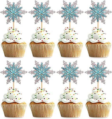 51PRgJTv2jL - Manvik Foods Confetti! 24 Pack Frozen Snowflake Cupcake Toppers Double Layers Silver and Blue Winter Theme Cupcake Picks Baby Shower Kids Birthday Party Christmas Cake Decorations Supplies - Image 6