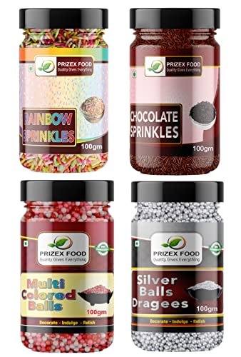 51UmNu6dP9L - Manvik Foods Prizex Cake Decoration Combo of Rainbow Sprinkles, Brown Sprinkles, Multi colour ball, Silver colour ball 400 gm (Pack of 4 * 100 gm Each)