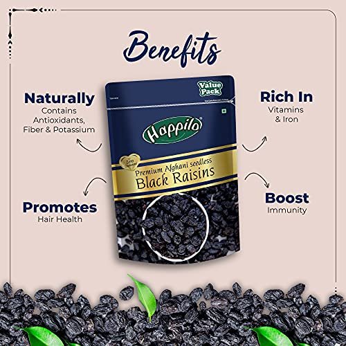 51g 4pbLiL - Manvik Foods Happilo Premium Afghani Seedless Black Raisins 500 g Value Pack| Kali Kishmish | Munakka Dry Fruits | Delicious & Healthy Snack | High in Antioxidants, Naturally Sweet & tasty - Image 6