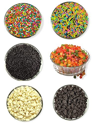 51pItYit2AL - Manvik Foods Dry Fruit Hub Cake Sprinkles Combo 300gms, Sprinkles For Cake Decoration, Choco Chips For Cake, Dark & White Choco Chips, Tutti Frutti-Cherries, Rainbow Balls For Cake, Cake Decorating, Each 50gms