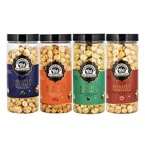 51pvcwzIbpL - Manvik Foods Wonderland Foods - Roasted & Flavoured Makhana I Peri Peri, Thai Sweet Chilli, Mint Chatpata & Jalapeno 100g X 4 I Foxnut 400g Jar Combo Pack