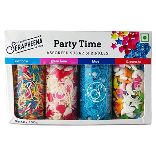 - Manvik Foods Serapheena|Serapheena Sugar Sprinkles for Cakes & Cupcakes Decoration (Party Time)|Vegetarian, Zero Maida, No Metallic Colours|100 g|Pack of 1