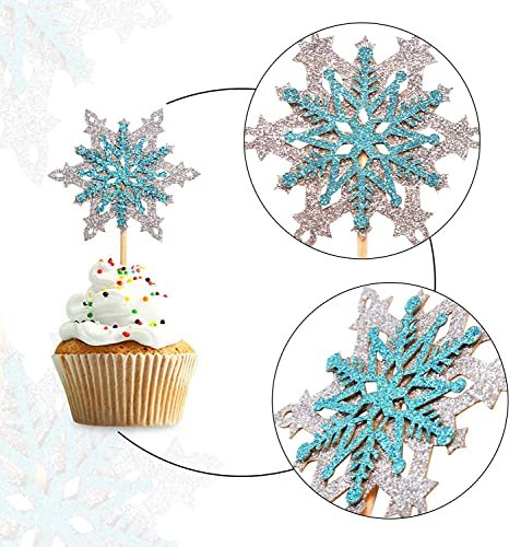 51yQcGG3gwL - Manvik Foods Confetti! 24 Pack Frozen Snowflake Cupcake Toppers Double Layers Silver and Blue Winter Theme Cupcake Picks Baby Shower Kids Birthday Party Christmas Cake Decorations Supplies - Image 4